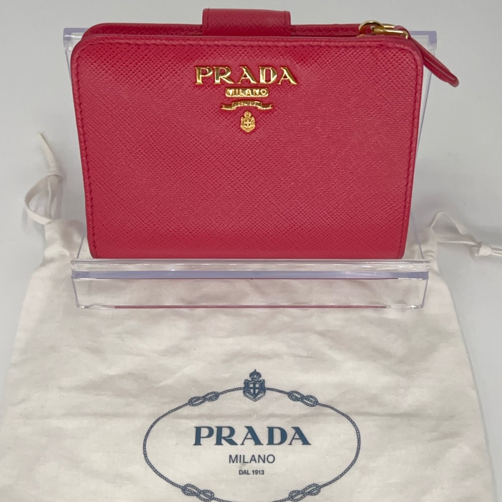 Prada Pink Saffiano Leather Zip Wallet with Gold Hardware